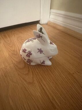 White Ceramic Bunny Trinket Box with Purple Floral Pattern
